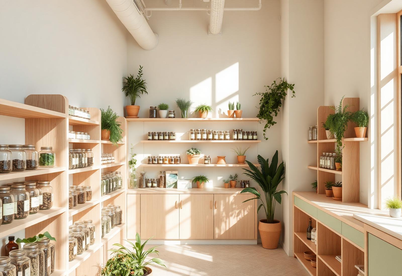 Intérieur lumineux de la droguerie avec bocaux de plantes
